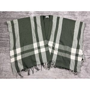 Universal Thread Poncho Shawl Womens OSFM Green Plaid‎ Frayed Fringe